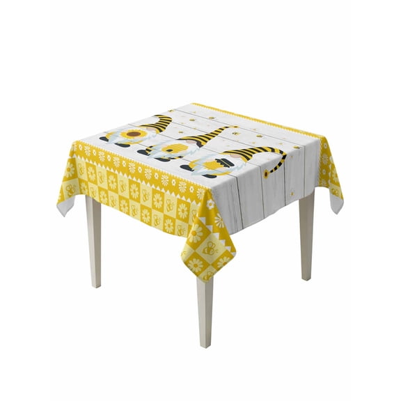 Bee Gnome Table Cloth 54x54 Inch Square, Daisy Flower Rustic Wood Waterproof Tablecloth Washable Table Cover for Party Picnic Dinner Decor