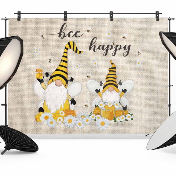 Bee Gnomes Backdrop for Photography, Fabric Photo Background Backdrop, Farmhouse Spring Daisy Honey Flowers Photo Booth Background for Portrait Photoshoot Video Wedding Studio Decoration Banner 7x5ft