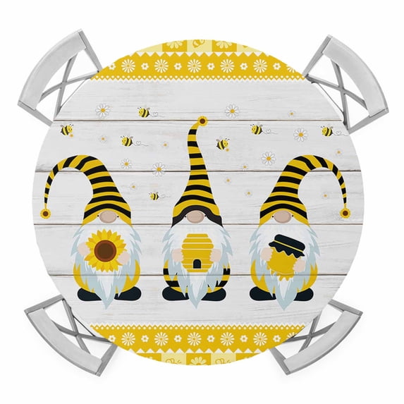 Bee Gnomes Sunflower Elastic Fitted Round Table Cover Wood Grain Yellow Buffalo Waterproof Outdoor Tablecloth for Holiday Party, Picnic, Patio & Dining Fits Tables Up to 45"-54"