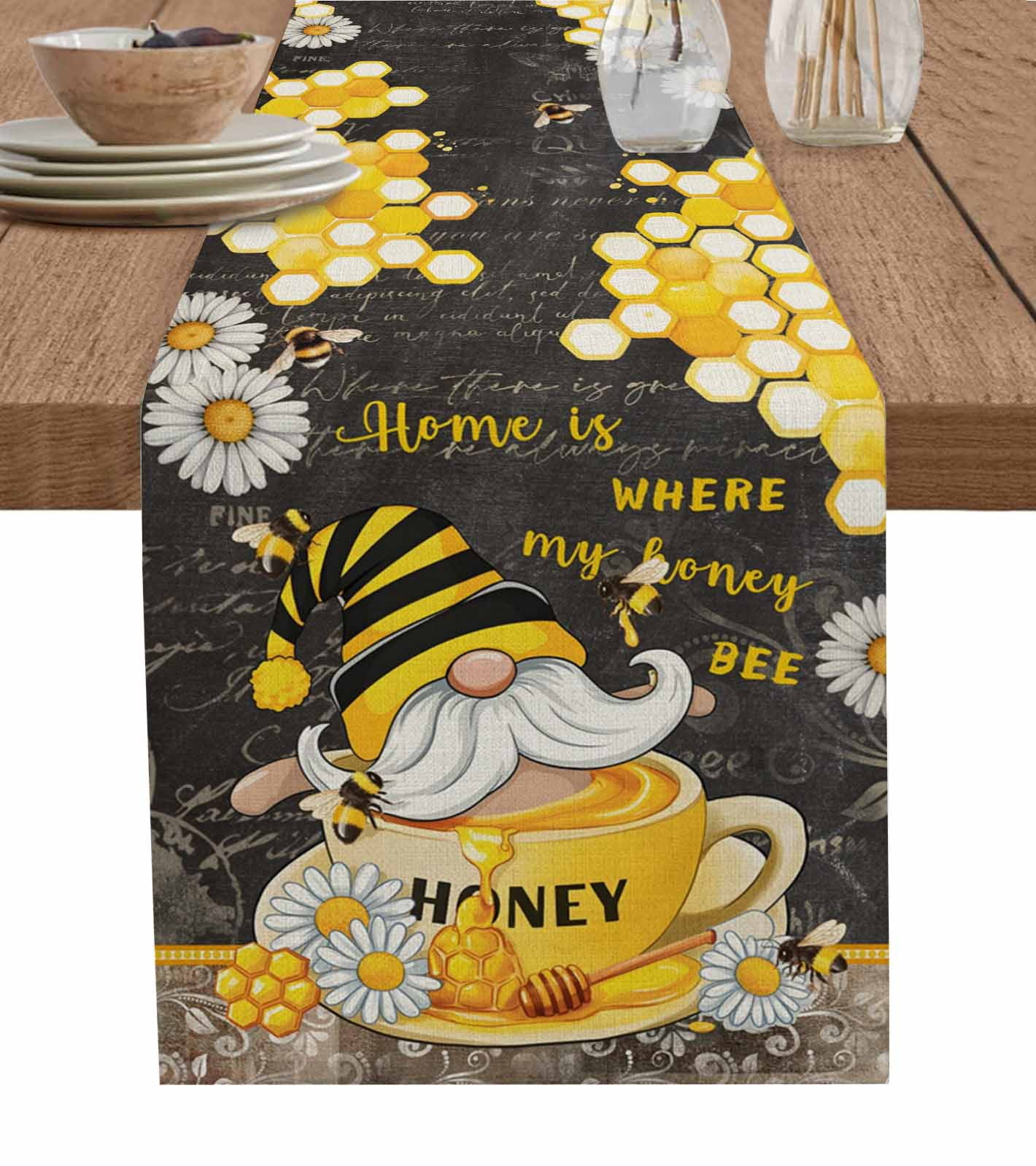Bee Gnomes Table Runner 72 Inches, Retro Black Yellow Daisy Honey Plaid ...