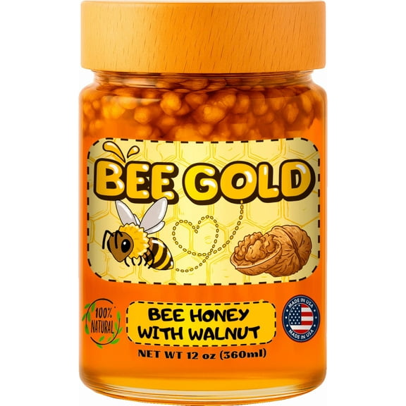Bee Gold Raw Honey with Whole Walnuts 12 oz - Crunchy Gourmet Snack | Natural Honey Nut Spread | No Added Sugar | Gluten-Free | Premium Glass Jar |