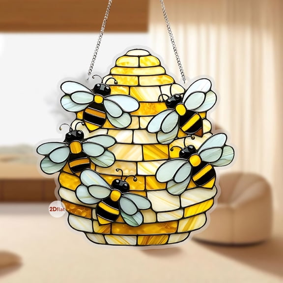 Bee Hanging Decorations, 2D Flat Acrylic Bumble Bees Door, Hanger Sign Window Wall Hanging Pendant Ornament for Trees Front Door Fence, Spring Summer Farmhouse Bee Day Party Decor