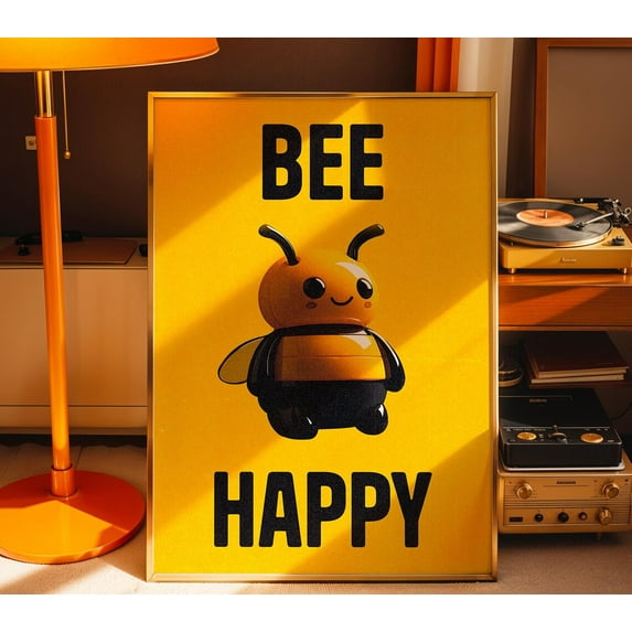 Bee Happy Art, Retro Vintage Print, Cute Bee Wall Decor, Typography Pun Illustration,Home Print Home Decor #1337, 12x18 UNFRAMED