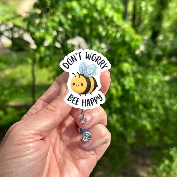 Bee Happy Badge Reel  Bumble Bee ID Holder, Retractable Name Tag Clip