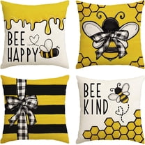 Bee Happy Bee Kind Throw Pillow Covers, 18 x 18 Inch Honey and Bee Summer Cushion Case Decoration for Sofa Couch Set of 4
