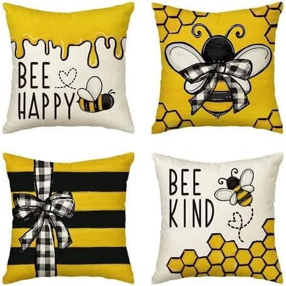 Bee Happy Bee Kind Throw Pillow Covers, 20 x 20 Inch Honey and Bee Summer Cushion Case Decoration for Sofa Couch Set of 4