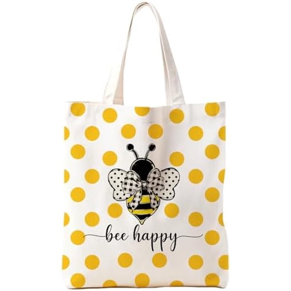 Bee Happy Canvas Tote Bag, Inspirational Bee Gifts for Women Bee Lovers, Summer Bee Tote Bag for Women, Reusable Grocery Bags Shopping Bags, White, 140GA-TTBA-sunmerbee$$Home Decor, Kitchen, & Other