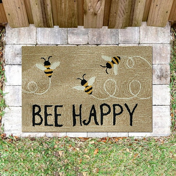 Bee Happy Doormat with Heavy Duty Non-Slip PVC Backing - 16" x 24" - Easy to Clean, Low-Profile Durable Doormat, Bee Festival Decoration (A)