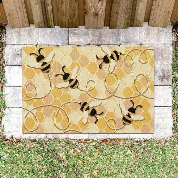 Bee Happy Doormat with Heavy Duty Non-Slip PVC Backing - 16" x 24" - Easy to Clean, Low-Profile Durable Doormat, Bee Festival Decoration (C)