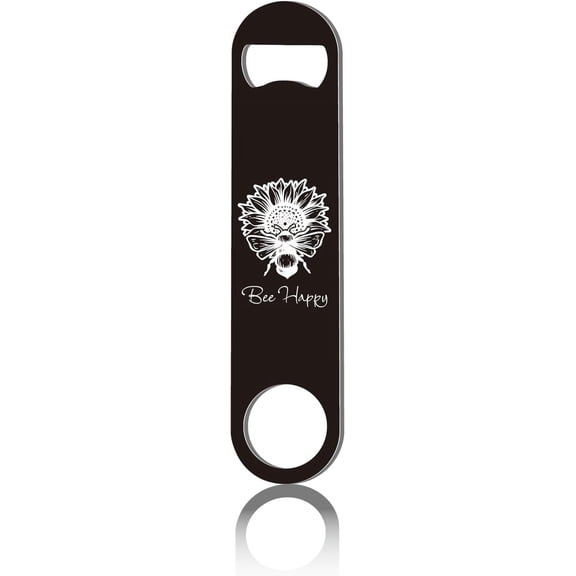 Bee Happy Flat Bottle Opener Speed Metal Opener Sunflower Heavy Duty Bottle Opener Stainless Steel Key for Beer Bartender Pub Bar Drinks Kitchen Seniors Man Women Gifts Black 1.6x7Inch Silver