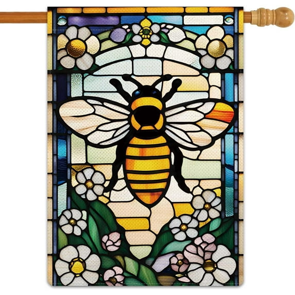 Bee Happy Garden Flag Spring Summer Flowers Garden Flag Glass Style Vertical Double Sided Rustic Farmland Burlap Yard Lawn Outdoor Decor 28x40"