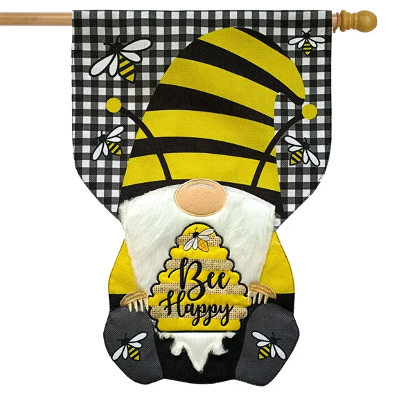 Bee Happy Gnome Garden Flag Double Sided Summer Burlap Style Humorous Outdoor Yard Decor