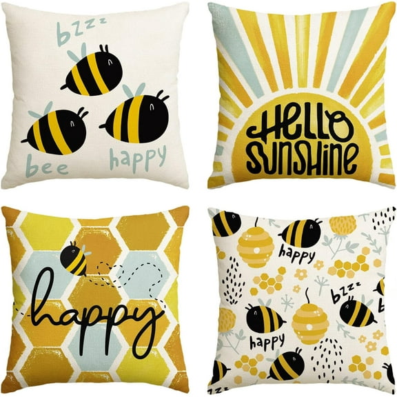 Bee Happy Hello Sunshine Throw Pillow Covers, 18 x 18 Inch Honeycomb Sunshine Summer Cushion Case for Sofa Couch Set of 4