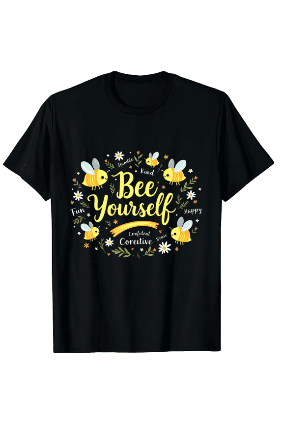 Bee Happy Kind Brave Humble Smart Positive Bumblebee Graphic Black T-Shirt for Men and Women