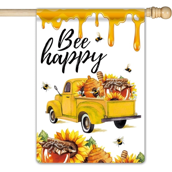 Bee Happy Large Garden Flag 28 x 40 Inch Double Sided Bee Truck Floral Yard Flags Spring Summer Yard Flags for Seasonal Outside Outdoor Decoration