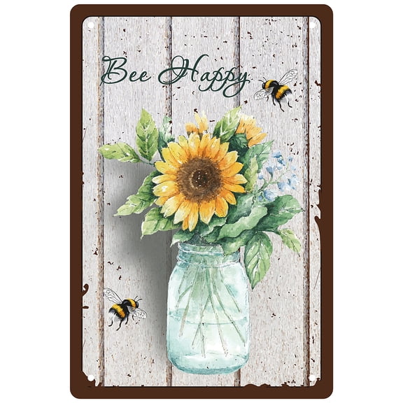 Bee Happy Metal Tin Sign Sunflower Tin Sign Flower Vase Metal Wall Decor Vintage Iron Painting Retro Plaque Poster for Home Bedroom Living Room Garden Yard Indoor Outdoor 12 x 8 Inch DIY