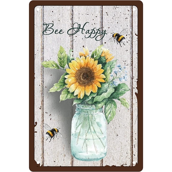 Bee Happy Metal Tin Sign Sunflower Tin Sign Flower Vase Metal Wall Decor Vintage Iron Painting Retro Plaque Poster for Home Bedroom Living Room Garden Yard Indoor Outdoor 12 x 8 Inch