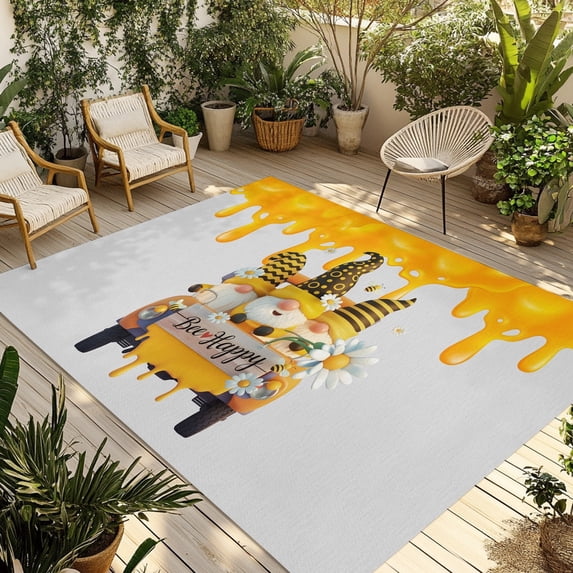 Bee Print Rug Bee Happy Outdoor Rug, Summer Bee Yellow Hats Gnomes Truck Daisy Floral ...