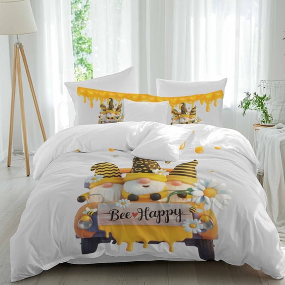 Bee Happy Queen Size Comforter Set, Summer Bee Yellow Hats Gnome Truck Daisy Floral Honey Grey Bedding for All Seasons, 4 Pcs Bed Set, 1Quiltcover (90"x92") ,1Sheet(94"x116"), 2Pillowcases (30"x20")
