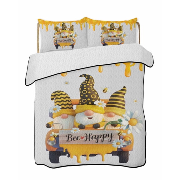 Bee Happy Quilts Bedding Set California King Summer Bee Yellow Hats Gnomes Truck Daisy Floral Honey Grey Lightweight Quilted Bedspread 3 Piece Bed Quilt with 2 Pillow Shams for Bedroom 96" x 106"