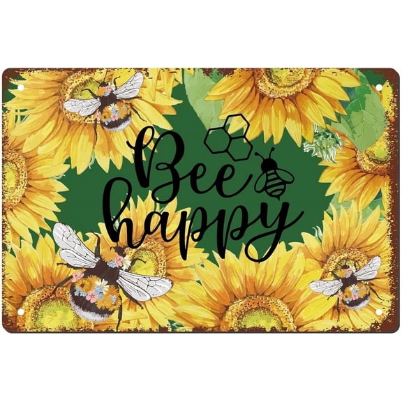 Bee Happy Retro Metal Tin Sign Vintage Rustic Wall Art Decor House Plaque Poster for DIY