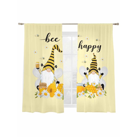 Bee Happy Sheer Curtains 2 Panels Set Dwarfs Daisy Honey Farmhouse Yellow Sheer Window Curtains Light Filtering Rod Pocket Voile Drapes for Bedroom Living Room 52"x63"
