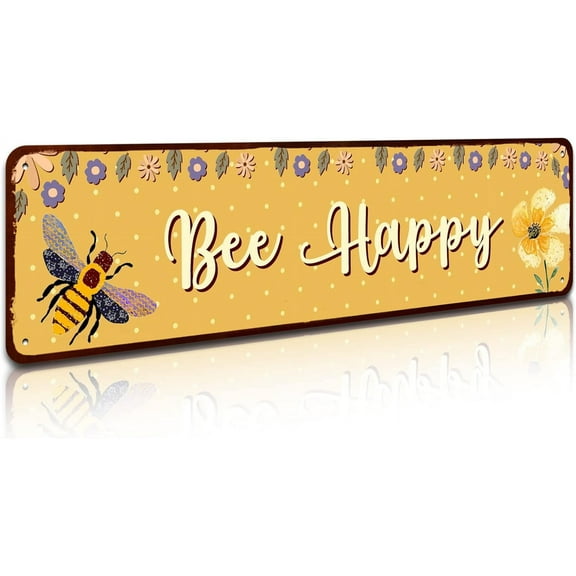 Bee Happy Sign - Metal Tin Signs, Kitchen & Outdoor Decor, Beehive & Classroom Decor - 4 x 16 inch