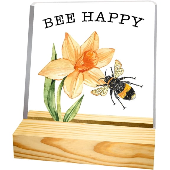 Bee Happy Spring Desk Decor,Farmhouse Busy Bumblebee Acrylic Decorative Sign with Wooden Stand for Home Office Tabletop Desk Decoration,Spring Gifts for Women Girls Sister Friend Coworker