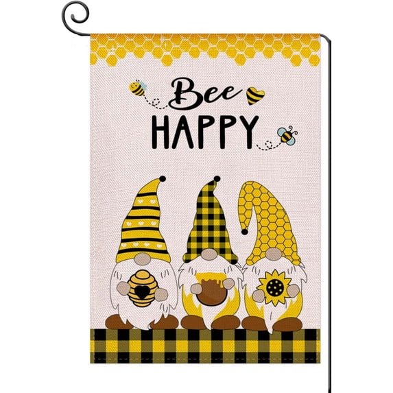 Bee Happy Sunflower Garden Flag,Cute Bee Gnomes with sunflower Garden Flag,Spring Summer Double Sided Seasonal Garden Flag for Yard Lawn Outdoor Decor