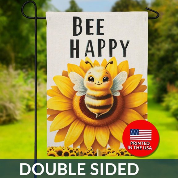 Bee Happy Sunflower Garden Flag Double Sided Burlap USA Printed 1