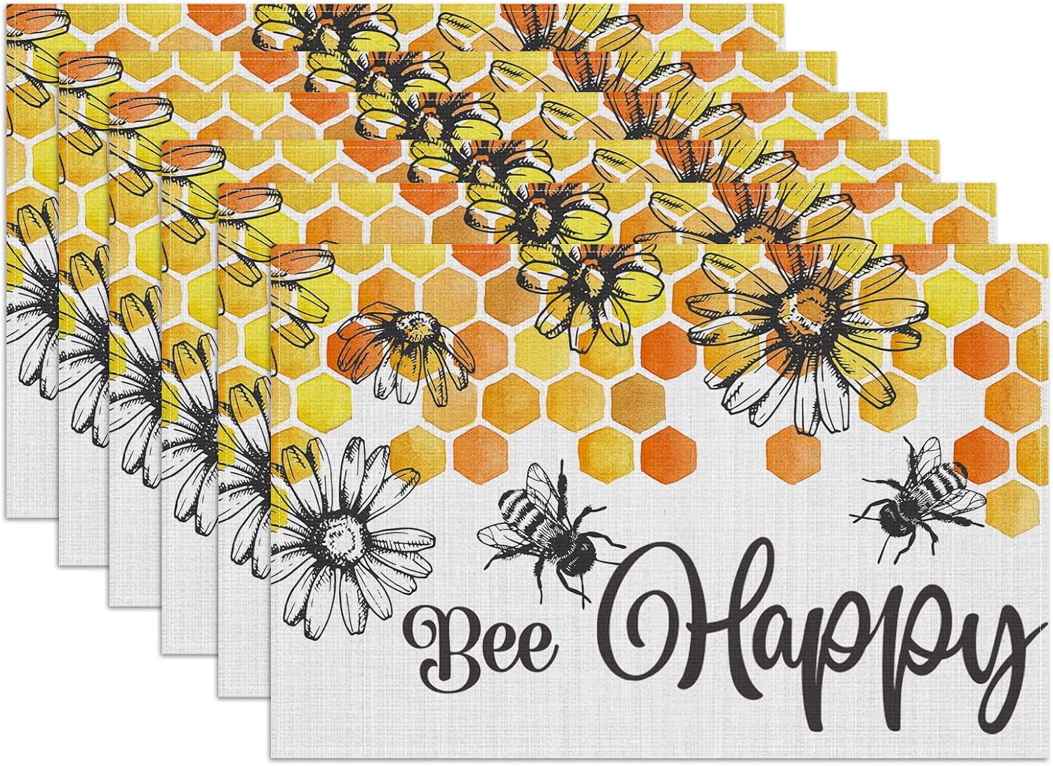 Bee Happy Sunflower Honeycomb Placemats Set of 6, Washable Linen Place ...