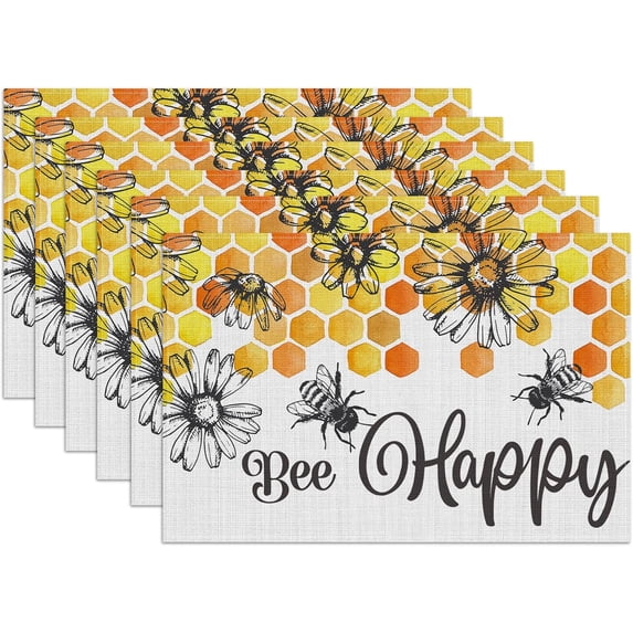 Bee Happy Sunflower Honeycomb Placemats Set of 6, Washable Linen Place ...