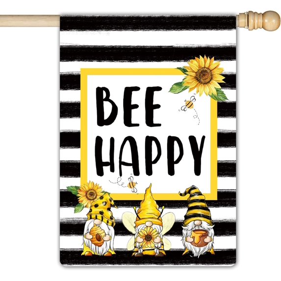 Bee Happy Three Gnomes Watercolor Stripes Large Garden Flag Spring Flower Floral Summer Vertical Double Sided 28 x 40 Inch Holiday Farmhouse Seasonal Yard Outdoor Decor House Flag