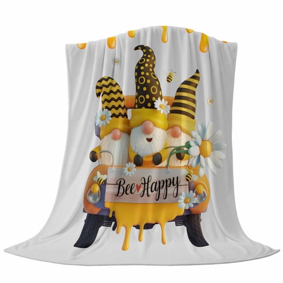 Bee Happy Throw Flannel Blanket Summer Bee Yellow Hats Gnomes Truck Daisy Floral Honey Grey Super Soft Cozy Bed Blanket, Lightweight Plush Fuzzy Bed Throw for Bedroom Sofa Couch Living Room 40x50In,