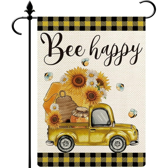 Bee Happy Truck Buffalo Plaid Garden Flag Spring Flower Floral Summer Vertical Double Sided Burlap 12.5 x 18 Inch Holiday Farmhouse Seasonal Yard Outdoor Decor