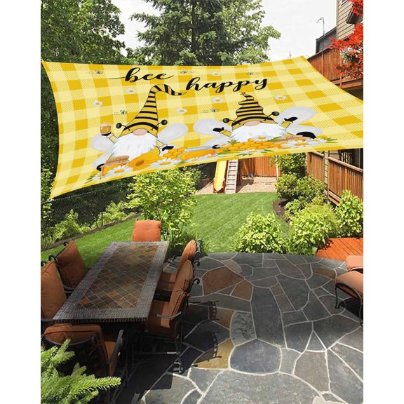 Bee Happy Waterproof Sun Shade Sail Dwarfs Daisy Honey Farmhouse Yellow Plaid Outdoor Patio Sun Shades Canopy UV Block Waterproof Sunshade for Garden Backyard Deck Pergola 8x10 Ft