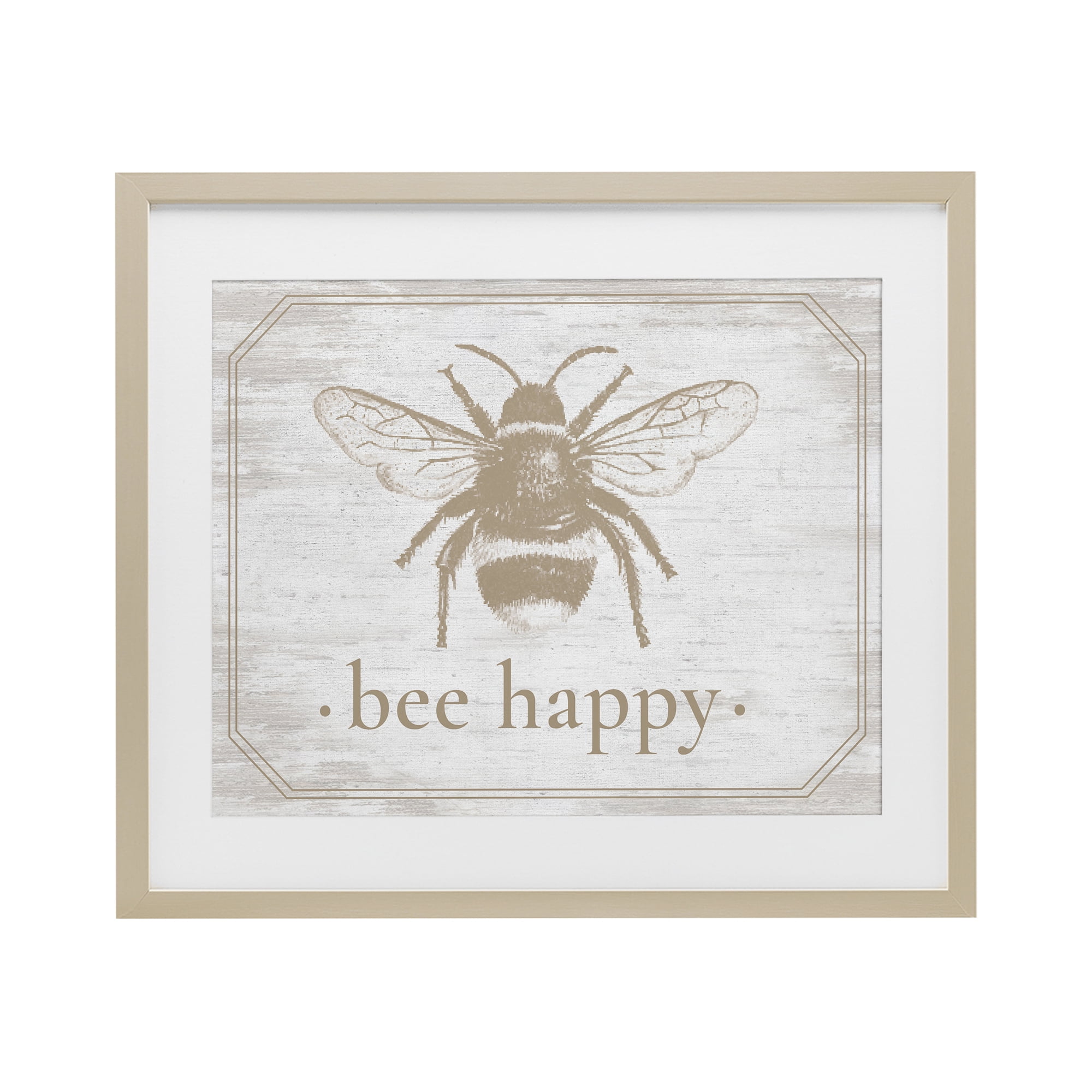 Bee Happy with Rustic Border Birch Framed Print Under Glass, design by Lettered and Lined