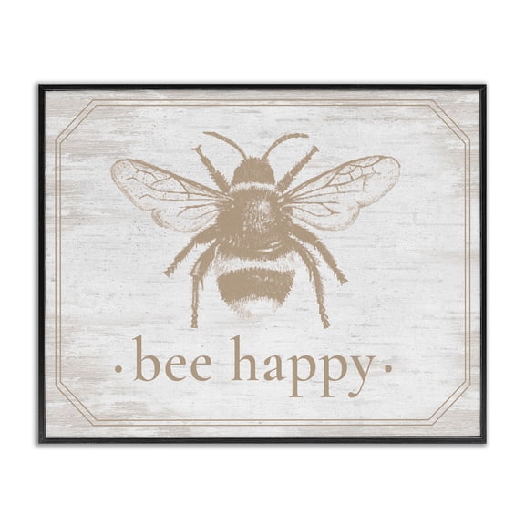 Bee Happy with Rustic Border Black Framed Giclee Art, design by Lettered and Lined