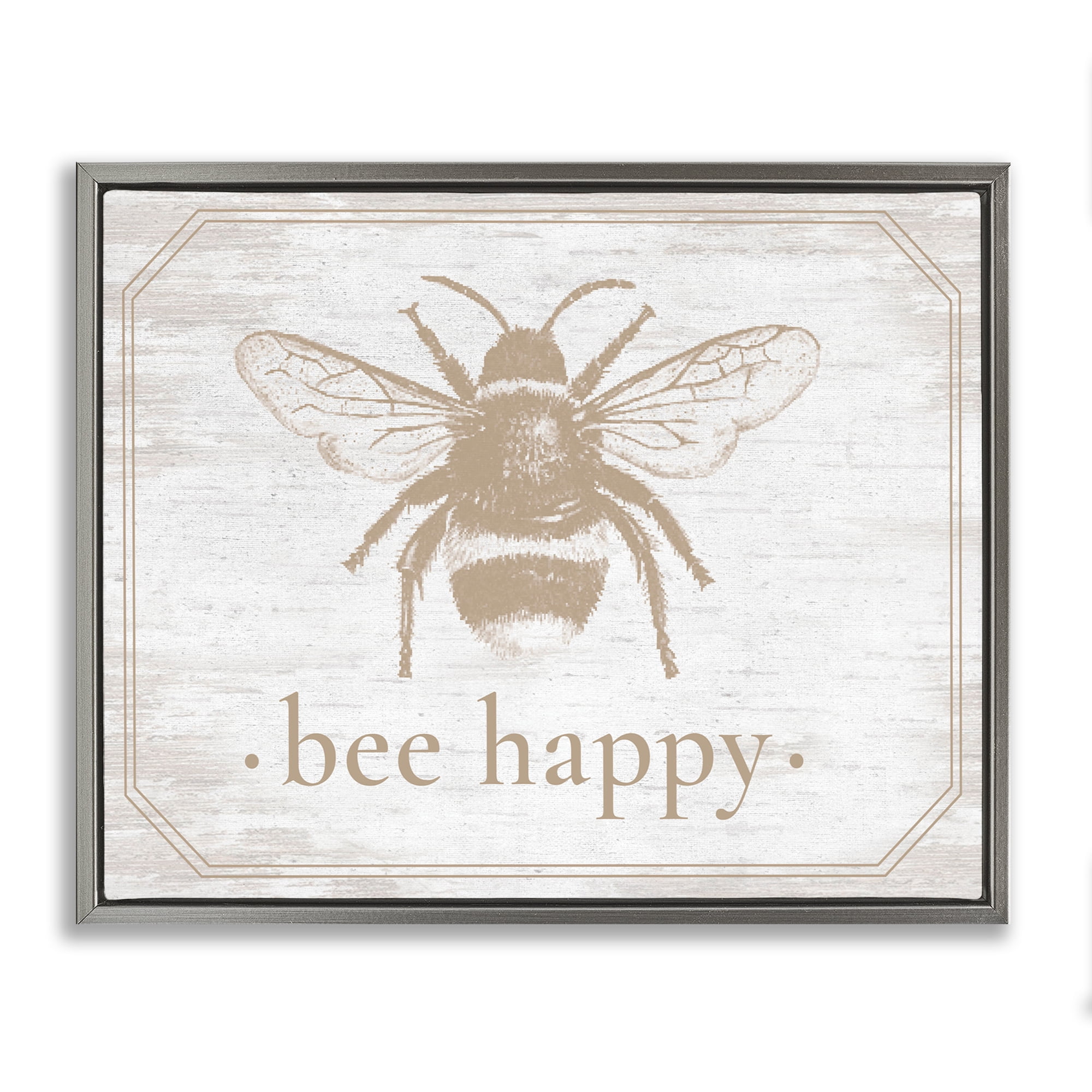 Bee Happy with Rustic Border Gray Framed Floater Canvas Wall Art, design by Lettered and Lined