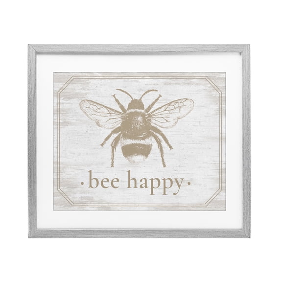 Bee Happy with Rustic Border Gray Framed Print Under Glass, design by Lettered and Lined
