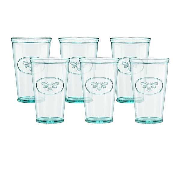 Amici Home Bee Hiball Drinking Glasses, Set of 6 - 16 oz. Recycled Soda Lime Glass with Green Hue & Weighted Bottom - Italian Barware for Water, Juice & Cocktails - BPA & Lead-Free