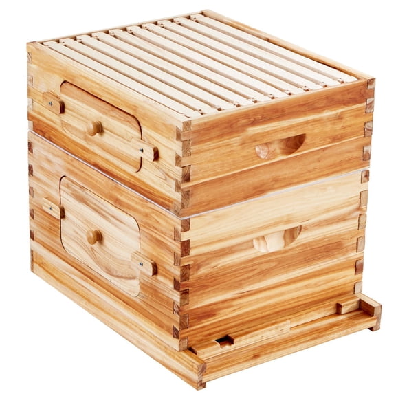 Bee Hive 20 Frame Bee Hives Starter Kit,Beeswax Coated Fir Wood,1 Deep + 1 Medium Bee Boxes Langstroth Beehive Kit,Transparent Acrylic Windows with Foundations for Beginners Pro Beekeepers