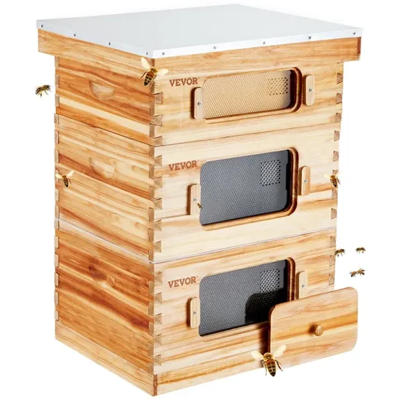 Bee Hive 30 Frame Starter Kit Beeswax Coated Fir Wood 2 Deep 1 Medium Langstroth Bee Boxes Transparent Acrylic Windows Foundations for Beginners Pro Beekeepers