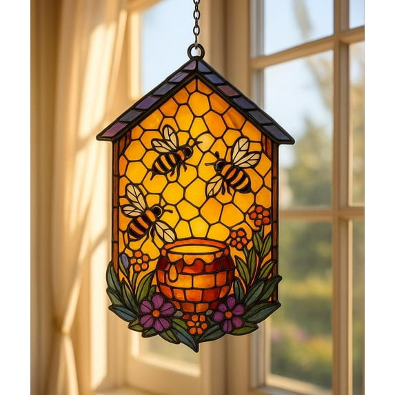 Bee Hive And Floral Acrylic Suncatcher, Honeybee Window Decor, Cottagecore Bee Sun Catcher, Honey Pot Window Hanging, Spring Garden Bee Art