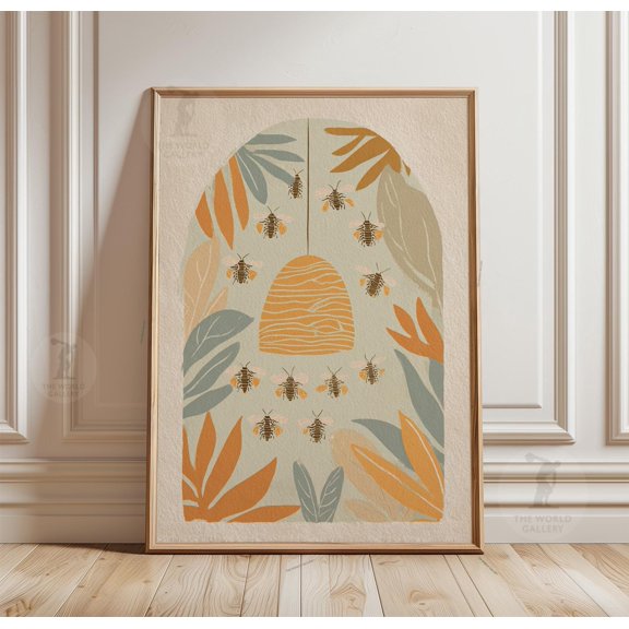 Bee Hive Botanical Poster, Soft Earth Tone Minimal Style, Paper Wall Art, Poster Only