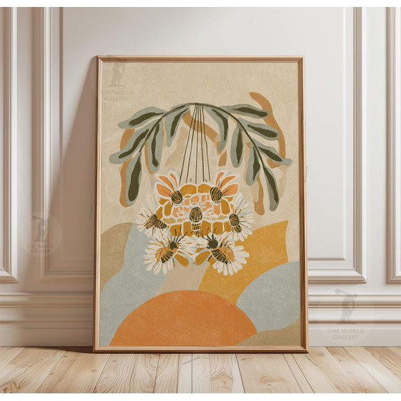 Bee Hive Botanical Poster Soft Earth Tone Minimal Style Paper Wall Art