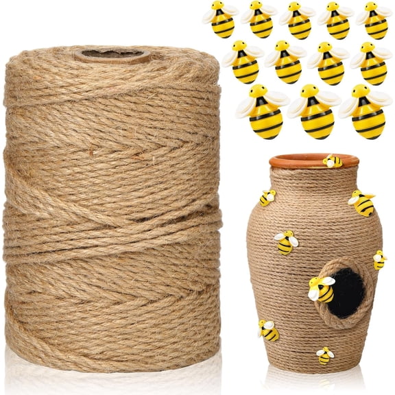 Bee Hive Decor Set 328 ft Jute Rope and 60 Tiny Resin Honeybees | 5mm Natural Twine for Crafts, Resin Honeybee Accents, Honey Pot Decor for Bee Baby Shower, Farmhouse Birthday Supplies