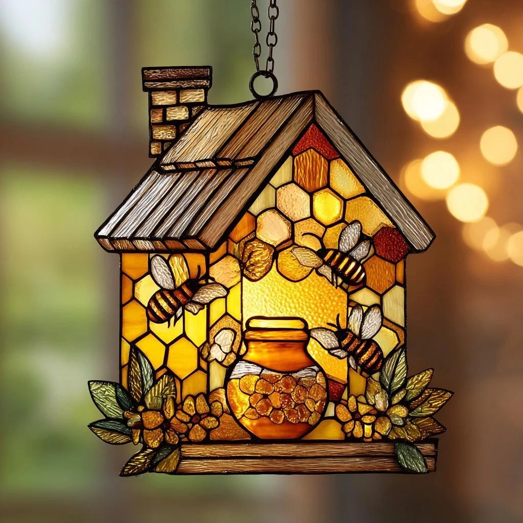 Bee Hive Honey Bees Acrylic Suncatcher Nature Inspired Window Hanging ...