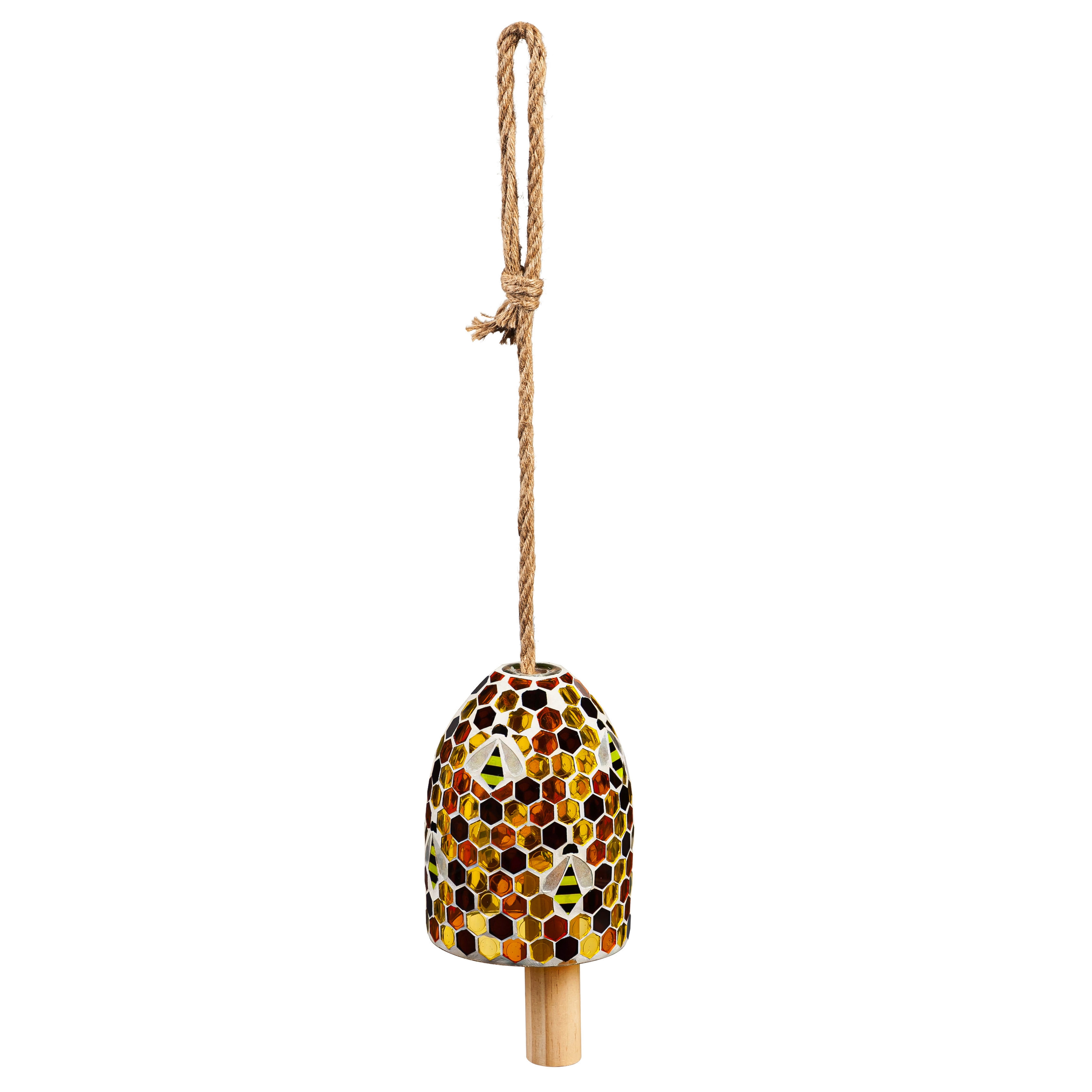 Yellow and Brown Mosaic Bee Hive Bell Chime with Wooden Clapper