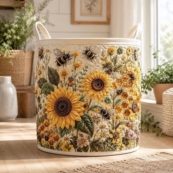 Bee Hive Quilted Laundry Basket: Sunflower Storage Bin, Bee Floral Clothes Hamper